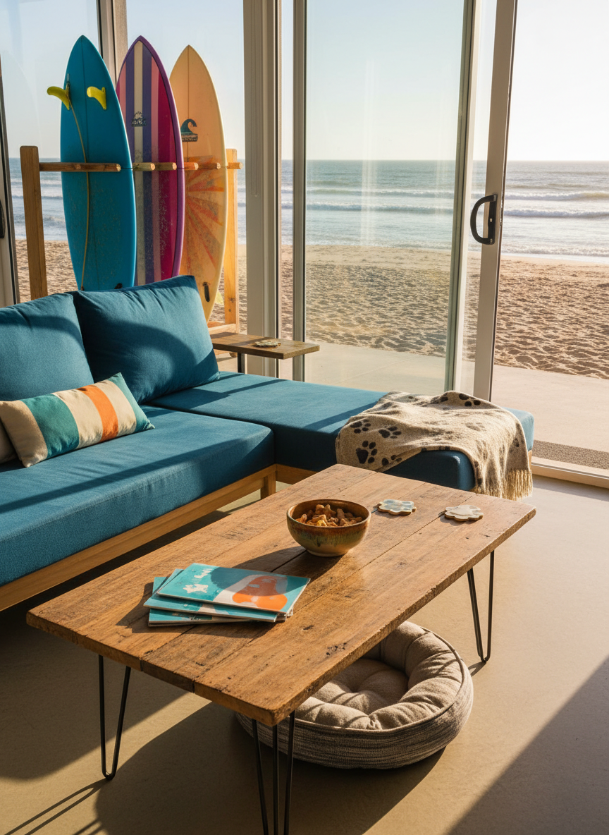 Photographic realism of a cozy shared lounge area in the surf guesthouse, emphasizing both surfing and small-dog friendliness without showing people. A low, comfortable sofa with ocean-blue cushions faces a simple wooden coffee table, where a neat stack of surf magazines with abstract, textless covers sits beside a small ceramic bowl filled with dog treats sized for under-8kg pets. A rack of brightly colored surfboards is visible through a large sliding glass door that opens toward the beach. Late morning natural light floods the room, creating soft reflections on the glass and gentle shadows on the floor. Shot at eye level with balanced composition, the atmosphere feels playful, relaxed, and ready for both surfers and their tiny companions.