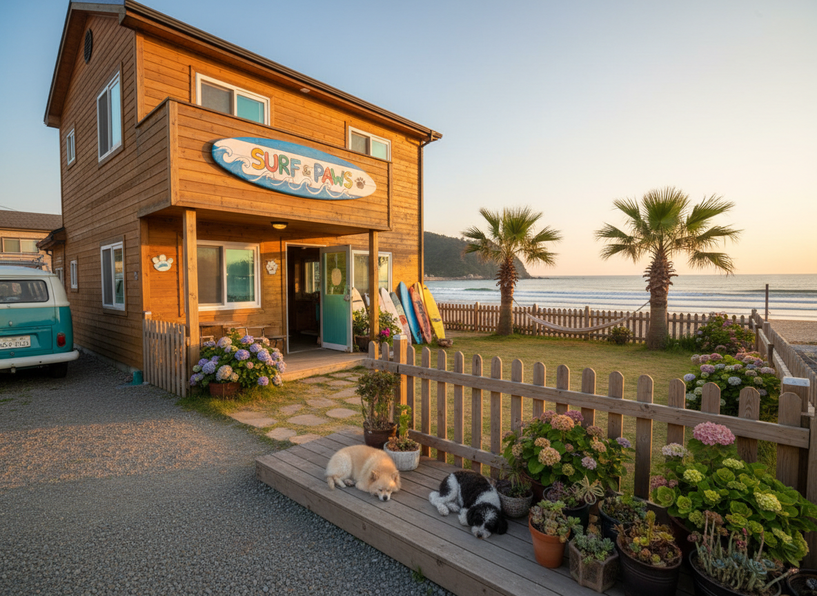 Photographic realism of a cozy, pet-friendly surf guesthouse exterior near the sea. The main focus is a small, charming two-story building with warm wood siding, a playful surfboard-shaped sign, and a fenced front yard where two tiny, fluffy dogs under 8kg nap on a low wooden deck. Behind the house, the soft curve of Namae 3-ri Beach and gentle waves are visible. Late afternoon golden-hour sunlight bathes the scene, casting long, soft shadows and giving the sky a pastel glow. Shot at eye level with a wide angle, emphasizing the relaxed, welcoming atmosphere. Colors are vibrant and cheerful, with crisp detail from the textured wood planks to individual grains of sand.