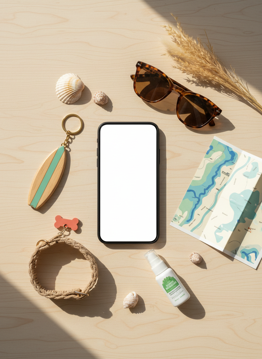 A clean, photographic realism overhead shot of a surf trip flat-lay on a light wood table, themed around the pet-friendly surf guesthouse and online booking. The composition centers on a smartphone with a blank, softly glowing screen symbolizing online reservations, surrounded by a miniature surfboard keychain, a tiny dog collar sized for a small pet under 8kg, and a folded beach map marked with an abstract coastline hinting at Namae 3-ri Beach without text. Soft, even daylight from a nearby window gently illuminates the objects, creating subtle shadows and a calm, organized atmosphere. The color palette is playful and coastal, with seafoam greens, sandy beiges, and splashes of coral. Everything is sharply focused to highlight textures and details.