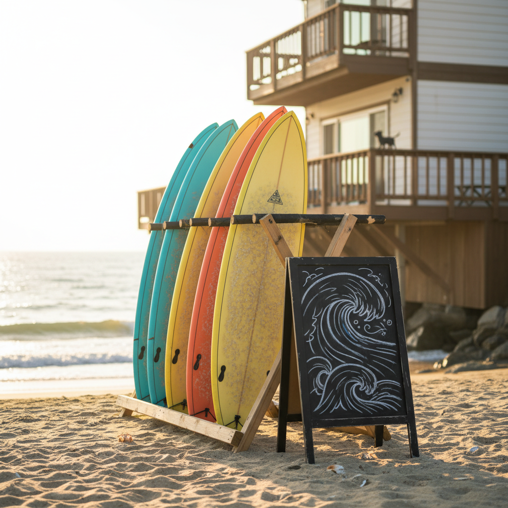 A bright, photographic realism scene of a surf school setup on Namae 3-ri Beach, without any people. Several colorful foam surfboards in turquoise, yellow, and coral lean in an orderly row against a low wooden rack, their waxed surfaces slightly glistening. Nearby, a playful chalkboard-shaped sign shows abstract wave doodles without readable text. Soft morning sunlight pours in from the left, sparkling on the calm sea and creating gentle highlights on the boards. In the background, the pet-friendly guesthouse is slightly out of focus, with a tiny dog-shaped silhouette on the deck hinting at small-dog companionship. Shot from a slightly low angle with shallow depth of field, creating an energetic yet inviting mood.