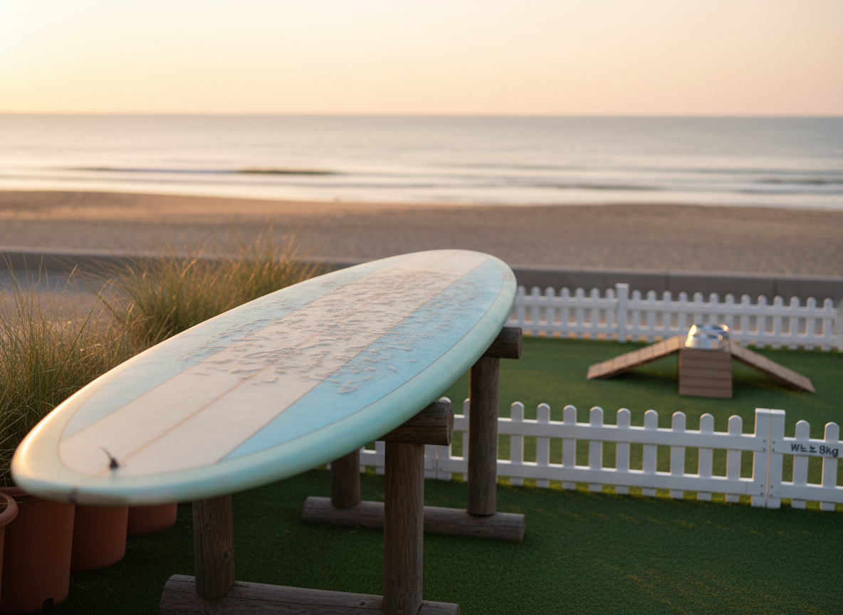 Photographic realism close-up of a surfboard and small dog area in the guesthouse yard. In the foreground, a well-used longboard with pastel blue and white stripes rests on a wooden stand, wax patterns visible on its textured surface. Beside it, a low, fenced patch of artificial grass holds a tiny water bowl and a small ramp clearly sized for under-8kg dogs, suggesting pet-friendliness without any animals present. Soft, warm sunset light creates a golden rim along the surfboard edges and casts playful shadows from nearby potted dune grasses. The sea and a hint of Namae 3-ri Beach blur into the background. Shot at a low, side angle with shallow depth of field, creating a relaxed, playful mood.