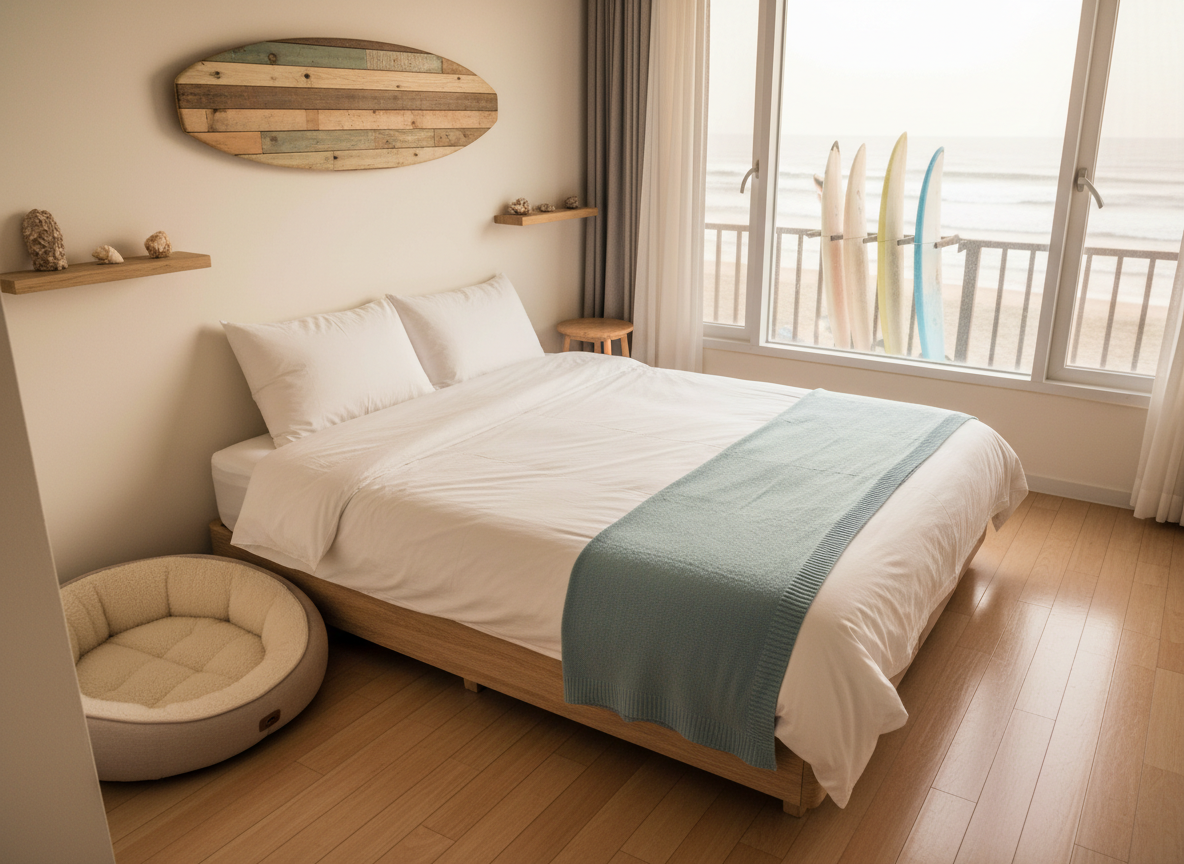 Interior photographic realism of a playful, dog-friendly guest room designed for surfers. A neatly made double bed with crisp white linens and a light ocean-blue throw blanket is the main subject, with a tiny, plush dog-sized bed beside it, sized clearly for under-8kg pets. A polished light-wood floor leads to a large window framing a soft-focus view of Namae 3-ri Beach and surfboards outside. Warm, diffused daylight fills the room, creating gentle reflections on a small surfboard-shaped wall décor and a few seashell accents. The atmosphere is calm and welcoming. Shot from a slightly elevated corner angle, with sharp focus throughout to show textures of fabric, wood grain, and the dog bed’s soft cushioning.
