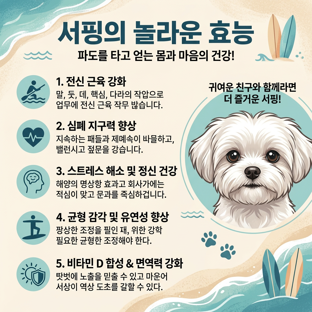 Benefits of surfing for physical and mental health listed in Korean with dog illustration